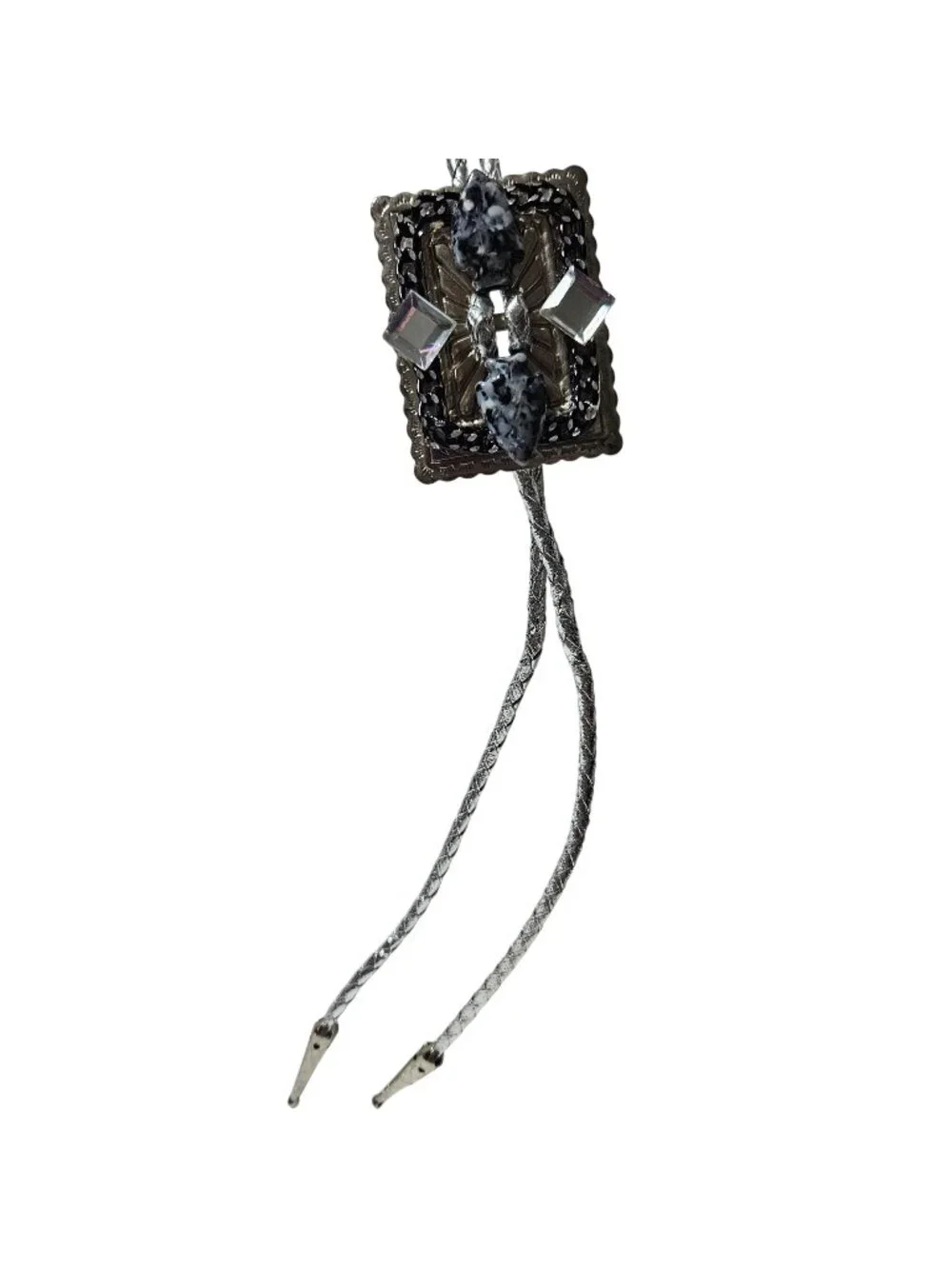 Western Style Bolo Tie Cowboy Black Stone Silver Tone Tips Mens Fashion Jewelry